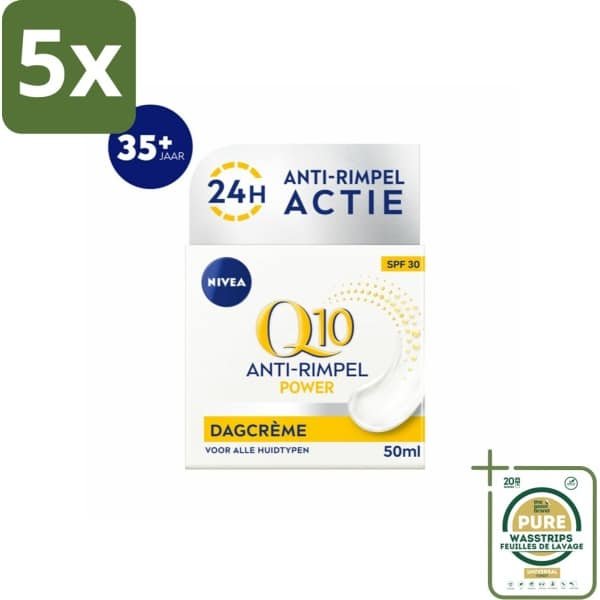 5 x NIVEA - Q10 POWER Dagcrème - Anti-Rimpel Crème - SPF 30 - Voor alle huidtypen - Met Q10 & Creatine - Collageenversterker - 50 ml - Grootverpakking - Anti-rimpel Crème - Rimpelvermindering - Huidveroudering - SPF 30 - Q10