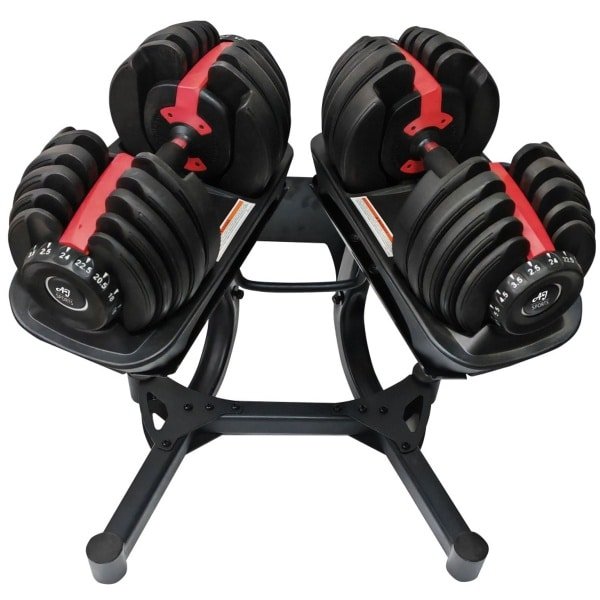 AJ-Sports verstelbare dumbells 2x24kg inclusief vaste opbergsteun - - 2kg t/m 24kg - Gewichten - Dumbells set - Gewichten set - Smart Dumbells - Halterset - Krachttraining - Fitness - Gym - Sport - Crossfit - 15 Dumbells in één! - Set van 2 Stuks!