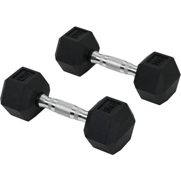 Dumbbells 2 x 5 kg - Halter - Set van 2 - Hexagonaal Design - met Gekartelde Handvatten - Gewichten Set - Halterset - Dumbbell Set - Krachttraining - Fitness - Gym - Geschikt voor Thuis en Sportschool