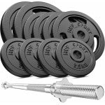 Hop-Sport 59 kg Gietijzeren Halterset met Lange Halterstang, Verstelbare Halterschijven van 30 mm, Duurzame Kwaliteit, Ideaal voor Krachttraining Thuis of in de Sportschool