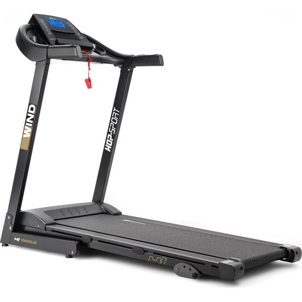 Hop-Sport Elektrische loopband HS-1000LB Wind Elektrische loopmachine, treadmill, 12 programma's, Bluetooth, 0,8 tot 14 km/u, Motor: 2,0 PK, Transportwielen tot 150 kg, Grijs