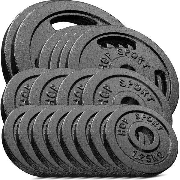Hop-Sport Gewichten Set 60 kg naar keuze met gietijzeren halterschijven 2 x 10 kg, 4 x 5 kg, 4 x 2,5 kg, 8 x 1,25 kg voor halterstangen Ø 30 mm - ideaal voor krachttraining en home gym
