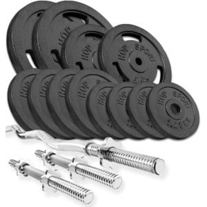 Hop-Sport Gietijzeren Halterset 57 kg - Curlstang & Korte Halters met Gewichten voor Krachttraining Thuis