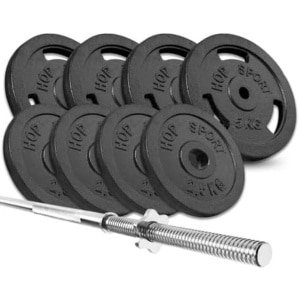 Hop-Sport Gietijzeren Halterset - Lange Halterstang + Gewichten, Lange Halter Stang, Krachttraining Thuis, Duurzame Gietijzeren Halterschijven (39 kg of 59 kg Optioneel, 39 kg)