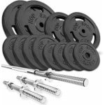 Hop-Sport Gietijzeren Halterset met Lange Halterstang, Twee Korte Halterstangen en Gietijzeren Gewichtenschijven, Kies uit 39 kg, 59 kg of 79 kg, Perfect voor Krachttraining Thuis