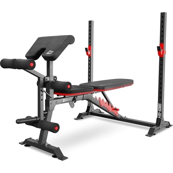 Hop-Sport Halterbank HS-1095 - Verstelbare Trainingsbank met Halterrek & Curltafel, Multifunctioneel voor Full-Body Krachttraining Thuis