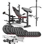 Hop-Sport Halterbank Krachtstation HS-1075 - Verstelbare Trainingsbank met Lange Halter, Curlstang, Korte Halters & 75 kg Gewichten voor Complete Krachttraining