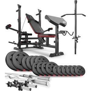Hop-Sport Halterbank Krachtstation HS-1075 - Verstelbare Trainingsbank met Lange Halter, Curlstang, Korte Halters & 75 kg Gewichten voor Complete Krachttraining