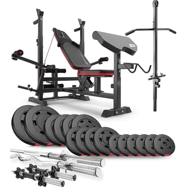 Hop-Sport Halterbank Krachtstation HS-1075 - Verstelbare Trainingsbank met Lange Halter, Curlstang, Korte Halters & 75 kg Gewichten voor Complete Krachttraining