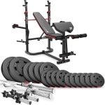 Hop-Sport Halterbank en Krachtstation HS-1065 met Lange Barbell, Curlstang en Korte Stangen, Verstelbare Fitnessbank voor Krachttraining, Incl. Gewichten van 75 kg tot 173 kg (75 kg-set met lange barbell en curlstang)