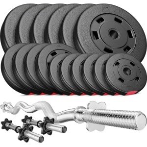 Hop-Sport Halterset 56 kg - Gietijzeren halterschijven en stangen: 1 curlstang (120 cm), 2 korte halterstangen (40 cm), 4x 5 kg, 4x 2,5 kg, 8x 1,25 kg schijven - Compleet voor thuisfitness en krachttraining
