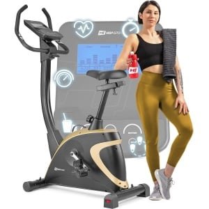 Hop-Sport Hometrainer HS-005H - Ergometer met 12 Trainingsprogramma's, 16 Computergestuurde Weerstandsniveaus, Hartslagmeting en LCD-Scherm - Fitnessfiets voor Thuis, Max. 150 kg - Goud