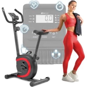 Hop-Sport Hometrainer HS-015H - Compacte Fitnessfiets voor Senioren en Thuisgebruik, Ergometer met Polssensoren, 8 Weerstandsniveaus, Trainingscomputer en Antislip Pedalen - Ruimtebesparend en Stil - Rood