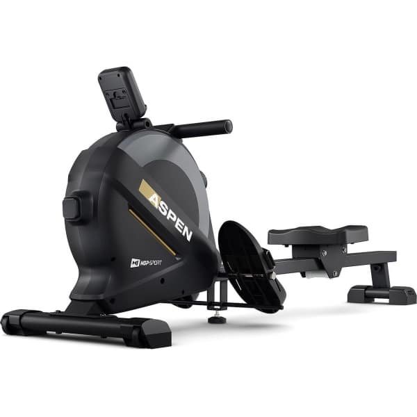 Hop-Sport Opvouwbare Roeitrainer HS-080R Aspen, 16 Niveaus Magnetische Weerstand tot 30 kg, Multifunctioneel LCD-Scherm, Tablethouder, Draagcapaciteit 120 kg, Goud