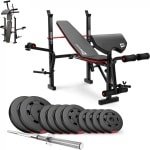 Hop-Sport Verstelbare Fitnessbank HS-1055 met Curlpult, Vlinder en Beencurler inclusief 38 kg tot 129,5 kg Halterset naar Keuze, met Lange Halterstang, geschikt voor Bankdrukken en Krachttraining thuis