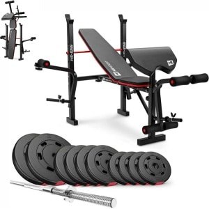 Hop-Sport Verstelbare Fitnessbank HS-1055 met Curlpult, Vlinder en Beencurler inclusief 38 kg tot 129,5 kg Halterset naar Keuze, met Lange Halterstang, geschikt voor Bankdrukken en Krachttraining thuis