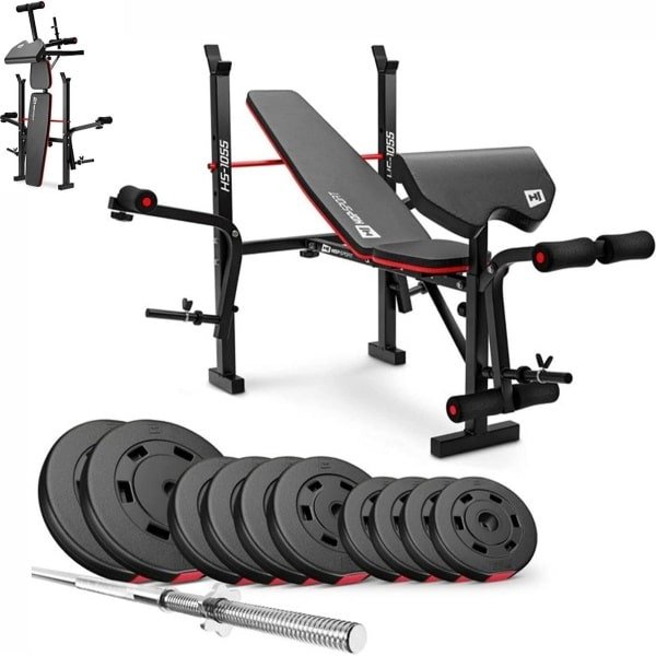 Hop-Sport Verstelbare Fitnessbank HS-1055 met Curlpult, Vlinder en Beencurler inclusief 38 kg tot 129,5 kg Halterset naar Keuze, met Lange Halterstang, geschikt voor Bankdrukken en Krachttraining thuis