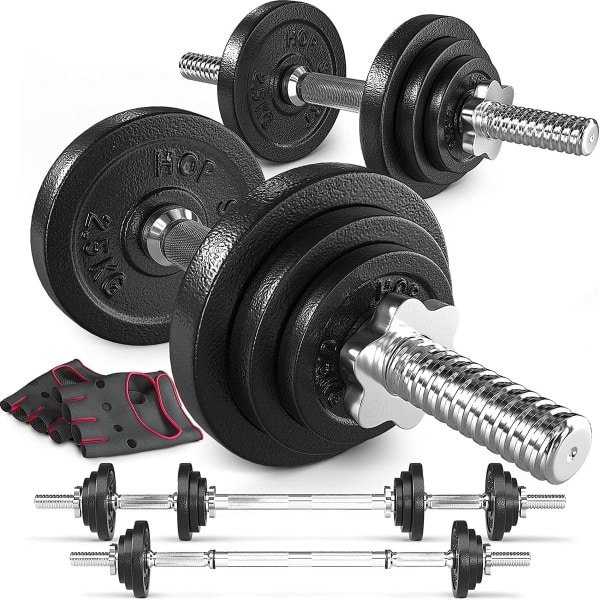 Hop-Sport Verstelbare halterset met gietijzeren gewichtsschijven (20 kg totaal), 2 korte halterstangen met gekartelde grip, verbindingsbuis, stersluitingen, perfect voor gewichtheffen en krachttraining thuis