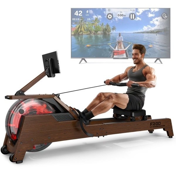 Houten Roeimachine - Waterroeier - Fitnessapparaat - Thuis Gym - Roeitrainer - 90° Upright Tank - Draadloze Monitor - Max Hoogte 200cm - Zwarte Kleur