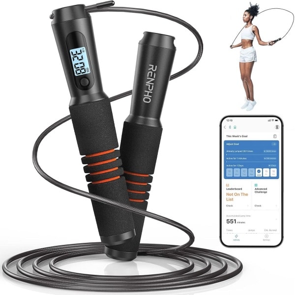 Intelligent springtouw met app, fitness springtouw voor thuisgym, crossfit en oefeningen, verstelbaar en antislip, met LCD-display