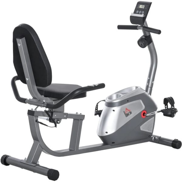 Ligfiets - Hometrainer - 8 Magnetische Weerstandsniveaus - LCD Scherm - Verstelbare Zitting en Weerstand - Hartslagsensoren - Max. Gebruikersgewicht 110 kg - Fietstrainer - Fitnessfiets - Grijs+Zilver