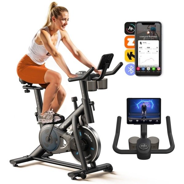 MERACH Hometrainer fiets- 16 Niveaus Weerstandsysteem Fitness Fiets - Met Trainings APP - LED-scherm - Trainingscomputer - Met tablethouder 2 Bekerhouders - Compatibel met Zwift & Kinomap - Max 135KG gebruikersgewicht en tot 1.95m