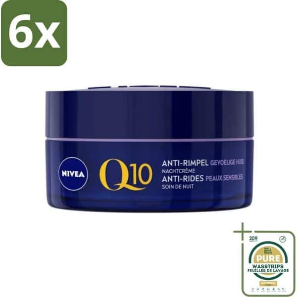 NIVEA - Nachtcrème - Q10 POWER Anti-Rimpel Gevoelig - Voor gevoelige huid - Met Q10, Creatine & Zoethoutextract - 50 ml - Voordeelverpakking - 6 stuks - Gevoelige huid - Nachtcrème