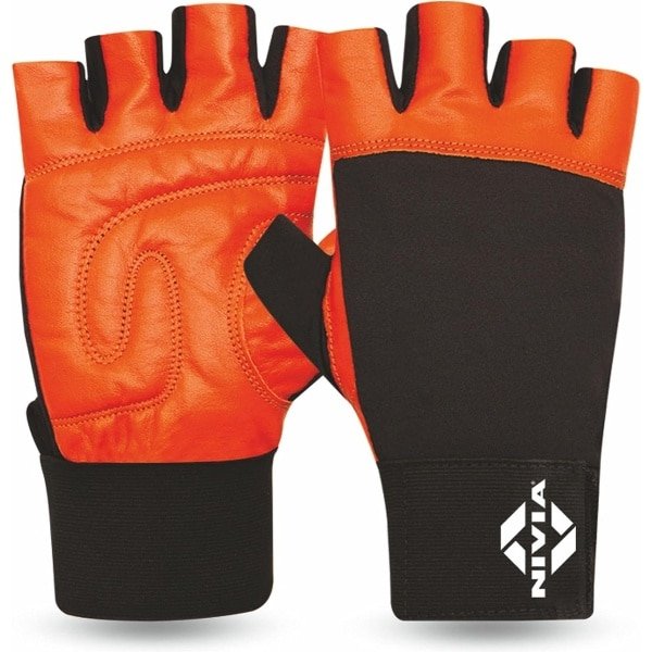 Nivia Weightlifting Gym Glove (Orange, Size - One Size) | Material -Genuine Leather with Neoprene Strap | for Training | Exercise Gloves | Fingerless Grip Gloves | Fitness Gloves | Crossfit Gloves