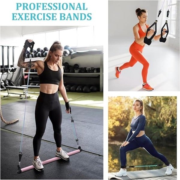 Pilates Bar Set met 6 Weerstandsbanden - Draagbare Home Gym voor Yoga, Pilates & Krachttraining (met Deuranker, Enkelbanden & Trainingsposter)