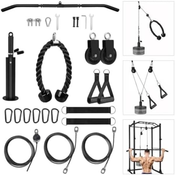 Pulley systeem - Katrol set - Lat pull down - Pull-up bar - Triceps touw - Handgrepen - Complete krachttraining set - Kabelsysteem voor homegym - Verstelbare kabeltrainer - Geschikt voor halterschijven - Belastbaar tot 150 kg - Fitness accessoire