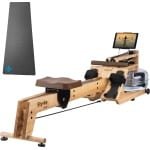 Skandika Styrke Roeitrainer SET - Roeitrainers - Roeiapparaat (211 x 54 x 47cm) + Mat (65 x 230cm) - Echt essenhouten waterroeier, regelbare waterweerstand, waterroeiapparaat thuis, gebruiker tot 200 cm/180 kg - Made in Germany - klassiek hout/bruin