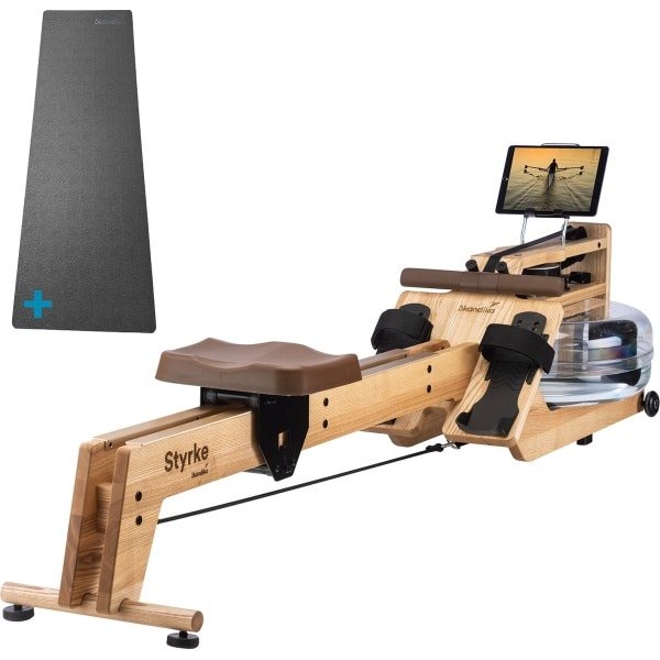 Skandika Styrke Roeitrainer SET - Roeitrainers - Roeiapparaat (211 x 54 x 47cm) + Mat (65 x 230cm) - Echt essenhouten waterroeier, regelbare waterweerstand, waterroeiapparaat thuis, gebruiker tot 200 cm/180 kg - Made in Germany - klassiek hout/bruin