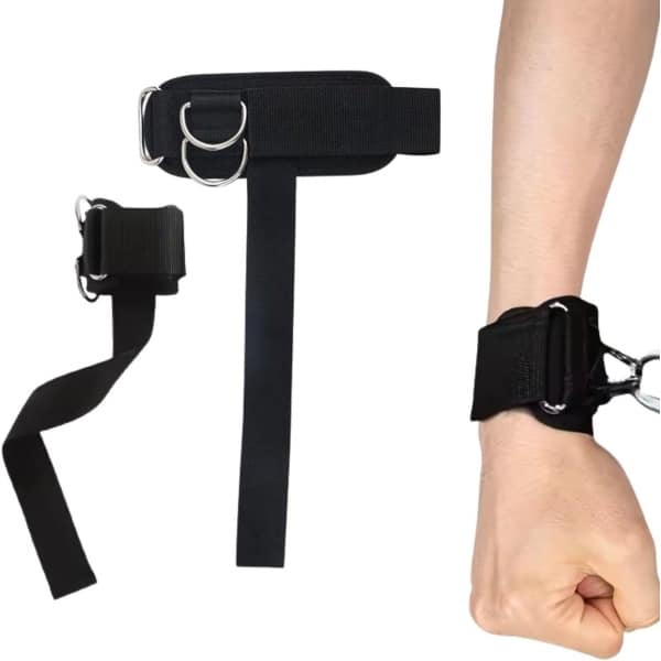 Twee trek- en liftinghulpen voor krachttraining - Polsbanden met D-ringen voor gewichtheffen - Deadlifts, lange halters, korte halters.