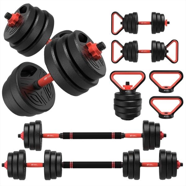 XRQUALITY Dumbbell set - Dumbells - Dumbbells - 20kg gewichten - Verstelbaar - 3in1 - Thuis fitness - Krachttraining - Zwart/rood