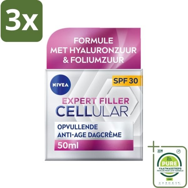 3 x NIVEA - CELLular Expert Filler Dagcrème - Anti-Veroudering Gezichtscrème - SPF 30 - Met Hyaluronzuur, Creatine & Foliumzuur - 50 ml - Grootverpakking - Anti-rimpel Crème - Dagcrème - Anti-aging - Hyaluronzuur - Creatine
