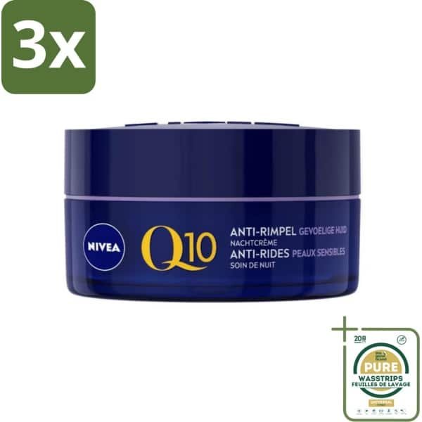 3 x NIVEA - Nachtcrème - Q10 POWER Anti-Rimpel Gevoelig - Voor gevoelige huid - Met Q10, Creatine & Zoethoutextract - 50 ml - Grootverpakking - Anti-rimpel Crème - Gevoelige Huid Crème - Nachtcrème - Rimpelverlichting - Q10 Crème