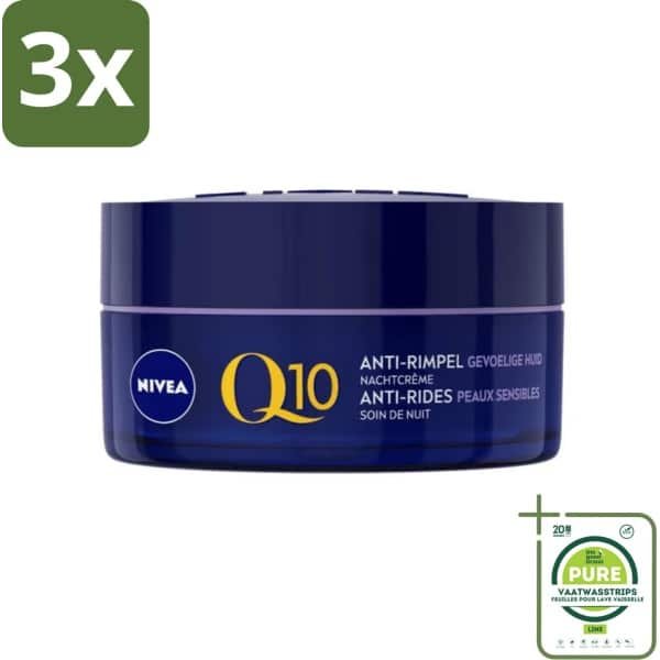 3 x NIVEA - Nachtcrème - Q10 POWER Anti-Rimpel Gevoelig - Voor gevoelige huid - Met Q10, Creatine & Zoethoutextract - 50 ml - Grootverpakking - Nivea Q10 - Anti-rimpel Crème - Gevoelige Huid - Nachtcrème - Rimpelvermindering