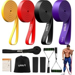 4 weerstands niveaus fitness tegen elastische banden - deuranker handgrepen - beschermhoes - draagtas - trainingshandleiding - stretching - yoga - krachttraining