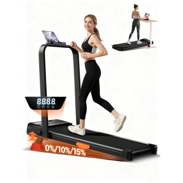 6-in-1 opvouwbare loopband met een stille motor. De loopband beschikt over een instelbare helling tot 15%, een verend loopvlak en ondersteunt een maximaal gewicht van 136 kg