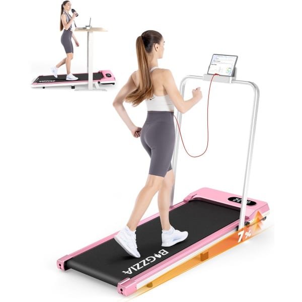 BIGZZIA 3-in-1 opvouwbare loopband met armleuningen - Inklapbaar loopband Elektrisch - 7% helling - 1-8 km/u instelbaar - Motor 2,5 pk - afstandsbediening - LCD-scherm - 130 kg draagvermogen - Treadmill Roze