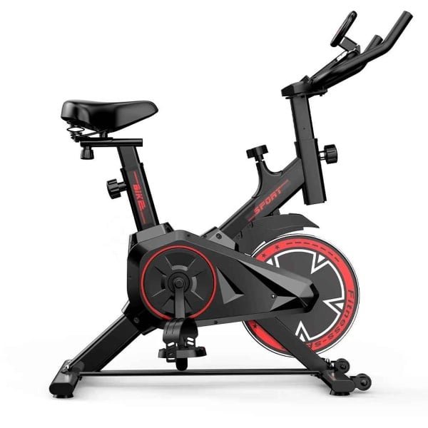 De Warenloods - Hometrainer - Fitbike - Spinning Fiets - Cardio Fitness - Verstelbare Weerstand - Elektronisch Display - Riemaandrijving - Home Gym - Zwart/Rood