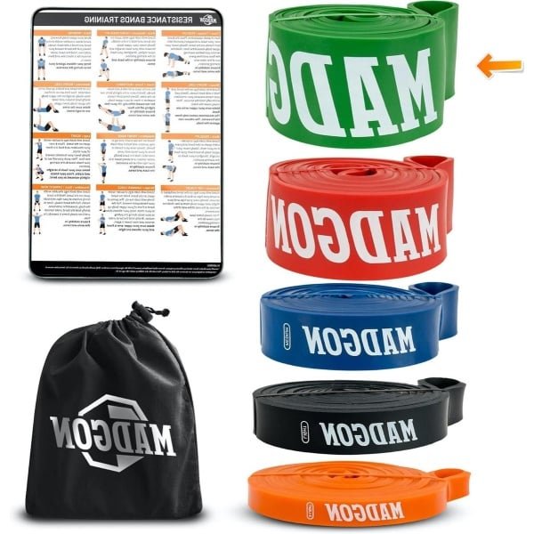 Elastische krachttraining band in set van 5 - robuuste fitnessbanden voor alle spiergroepen met tas en PDF-gids.