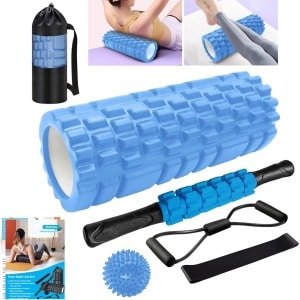 Fasciaroller, 6-in-1 schuimroller Fasciarollersets met massagerollerstang, weerstandsbanden krachttraining, massagebal, fitnessbanden, 33 cm schuimroller voor yoga, pilatessport