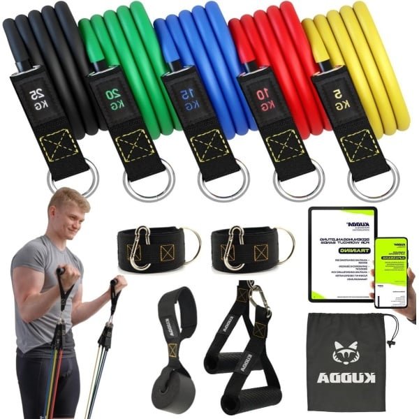 Fitnessbanden set - 5 expander tube banden met handgrepen, deuranker en enkelriem - ideaal voor pilates, krachttraining en fysiotherapie - inclusief trainings e-book en draagtas