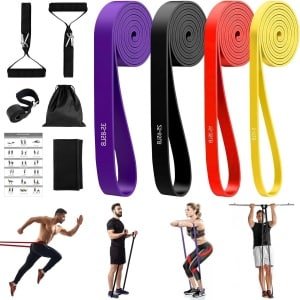 Fitnessbanden set met 4 weerstandsniveaus - weerstandsbanden met handvat, deuranker, beschermhoes, draagtas en trainingshandleiding - weerstandsbanden voor fitness, stretching, yoga en krachttraining
