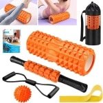 Foamroller Fasciarol Set - Massageroller Weerstandsbanden - Krachttraining Massagebal - Fitnessbanden 33 cm - Schuimrol voor Yoga Pilates met Poster (Oranje)