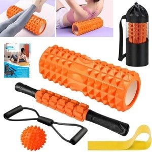 Foamroller Fasciarol Set - Massageroller Weerstandsbanden - Krachttraining Massagebal - Fitnessbanden 33 cm - Schuimrol voor Yoga Pilates met Poster (Oranje)