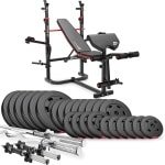Hop-Sport Halterbank Krachtstation HS-1065 - Verstelbare Fitnessbank met Curlpult, Lange Halterstang, Curlstang en Korte Halters, Inclusief 135 kg Halterset, Ideaal voor Krachttraining Thuis