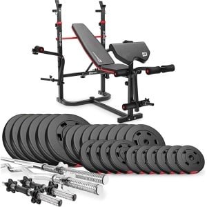 Hop-Sport Halterbank Krachtstation HS-1065 - Verstelbare Fitnessbank met Curlpult, Lange Halterstang, Curlstang en Korte Halters, Inclusief 135 kg Halterset, Ideaal voor Krachttraining Thuis