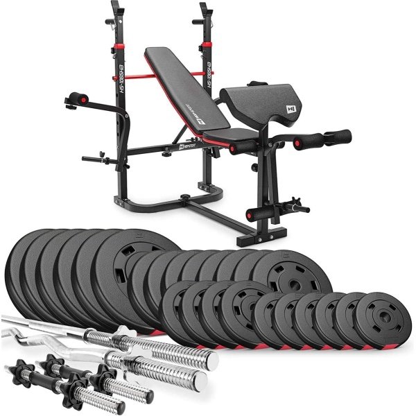 Hop-Sport Halterbank Krachtstation HS-1065 - Verstelbare Fitnessbank met Curlpult, Lange Halterstang, Curlstang en Korte Halters, Inclusief 135 kg Halterset, Ideaal voor Krachttraining Thuis